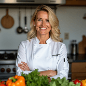 Chef Alison smiling in the LovinRecipes test kitchen, arms crossed in a white chef coat.