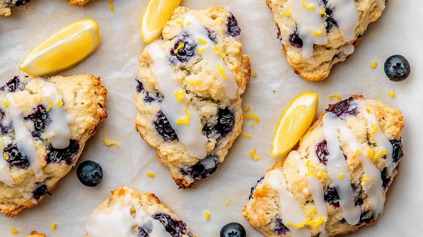 Freshly baked blueberry lemon scones topped with lemon glaze and garnished with lemon zest, surrounded by lemon wedges and blueberries.