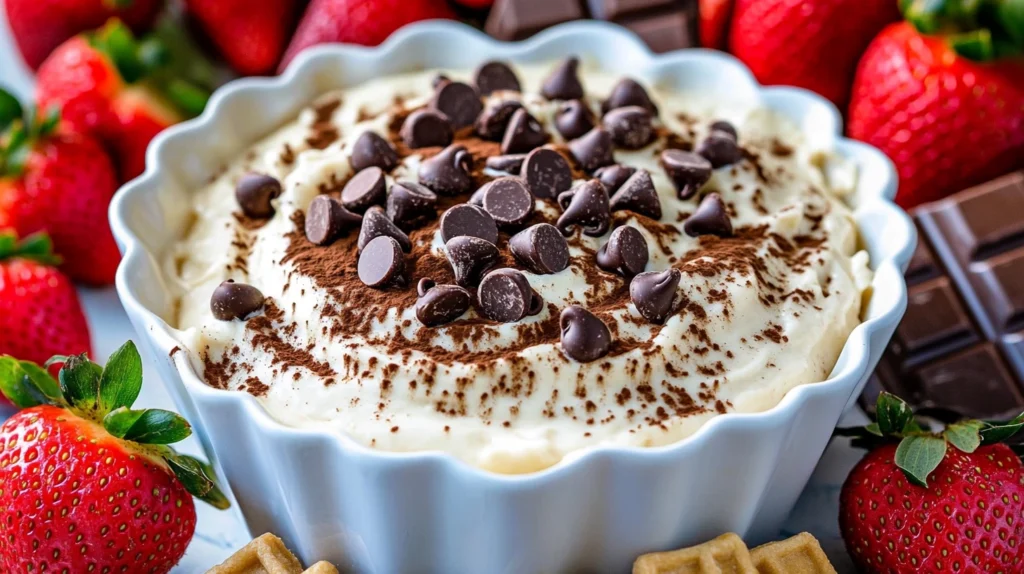 Creamy cannoli dip topped with chocolate chips and cocoa powder, surrounded by strawberries, chocolate, and waffle cookies.