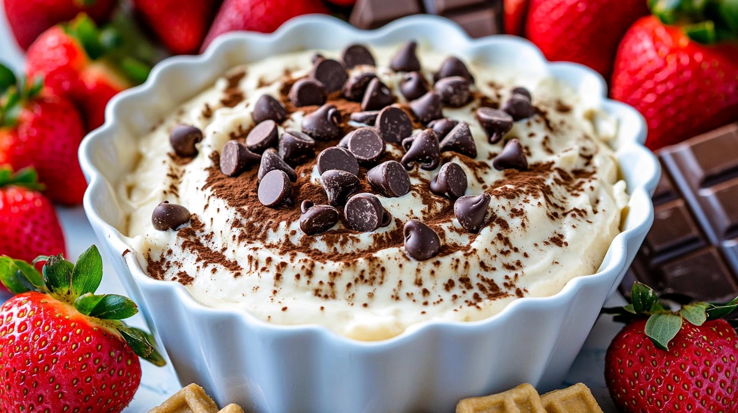 Creamy cannoli dip topped with chocolate chips and cocoa powder, surrounded by strawberries, chocolate, and waffle cookies.