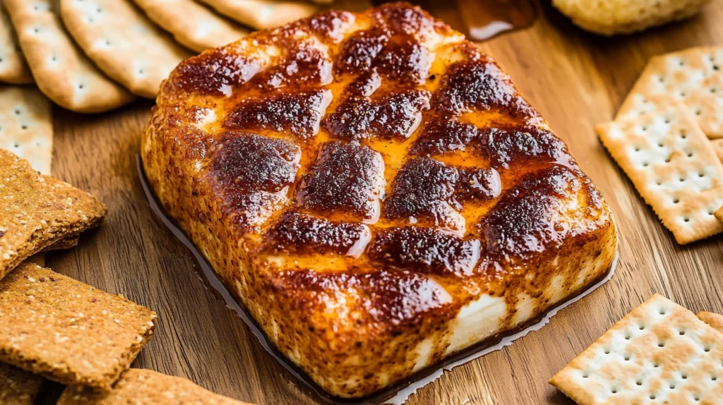 Close-up of smoked cream cheese block with a caramelized crust, surrounded by assorted crackers.