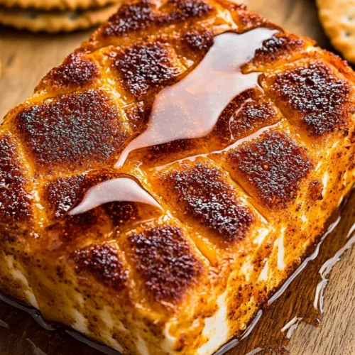 Smoked Cream Cheese Recipe: Easy and Perfect for Any Gathering 2 Smoked cream cheese block topped with honey, served with crackers on a wooden board.