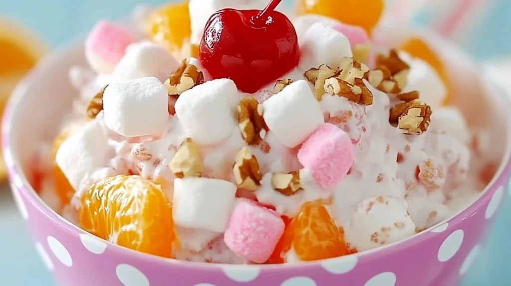Ambrosia salad with mandarin oranges, maraschino cherries, mini marshmallows, and chopped walnuts in a polka dot bowl.
