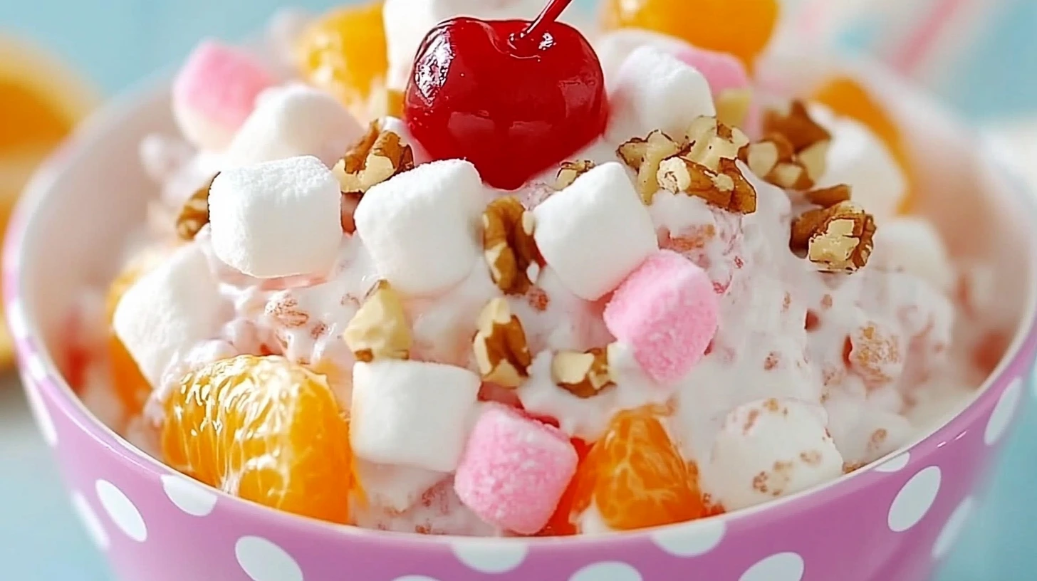 Ambrosia salad with mandarin oranges, maraschino cherries, mini marshmallows, and chopped walnuts in a polka dot bowl.