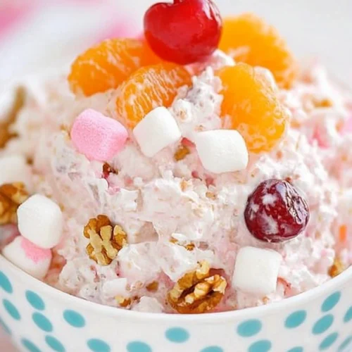 The BEST Ambrosia Salad: Creamy, Fruity, and Classic 2 Colorful ambrosia salad topped with a maraschino cherry, mandarin oranges, marshmallows, and chopped nuts in a white bowl with blue polka dots.