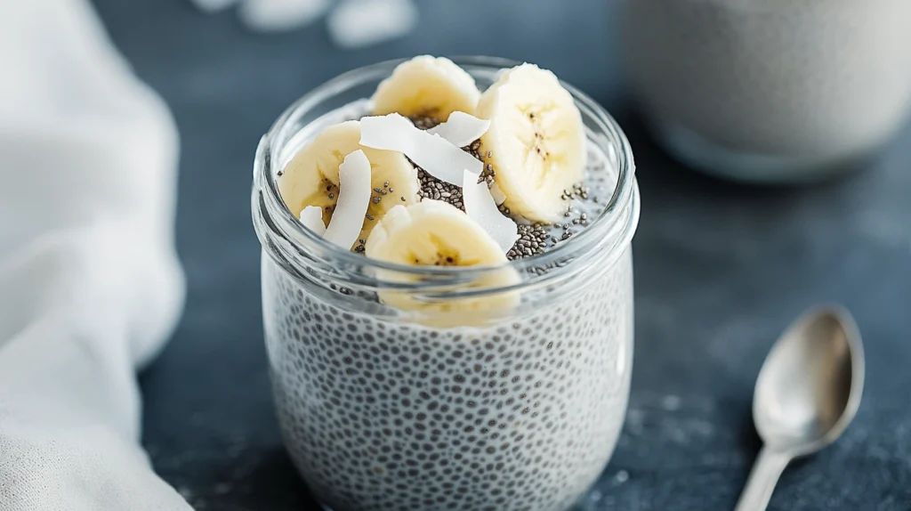Glass jar of Coconut Banana Chia Overnight Paleo Oats topped with banana slices and coconut flakes on a dark surface.
