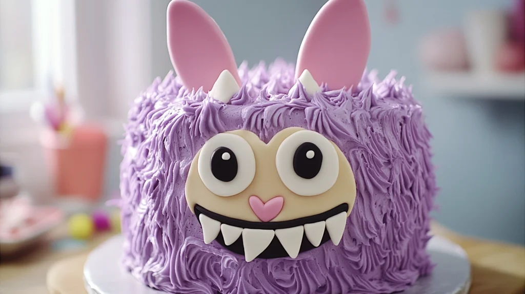 Purple Labubu cake with fluffy frosting, round beige face, and cute bunny ears.