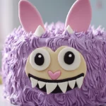 Purple Labubu cake with fluffy frosting, round beige face, and cute bunny ears.