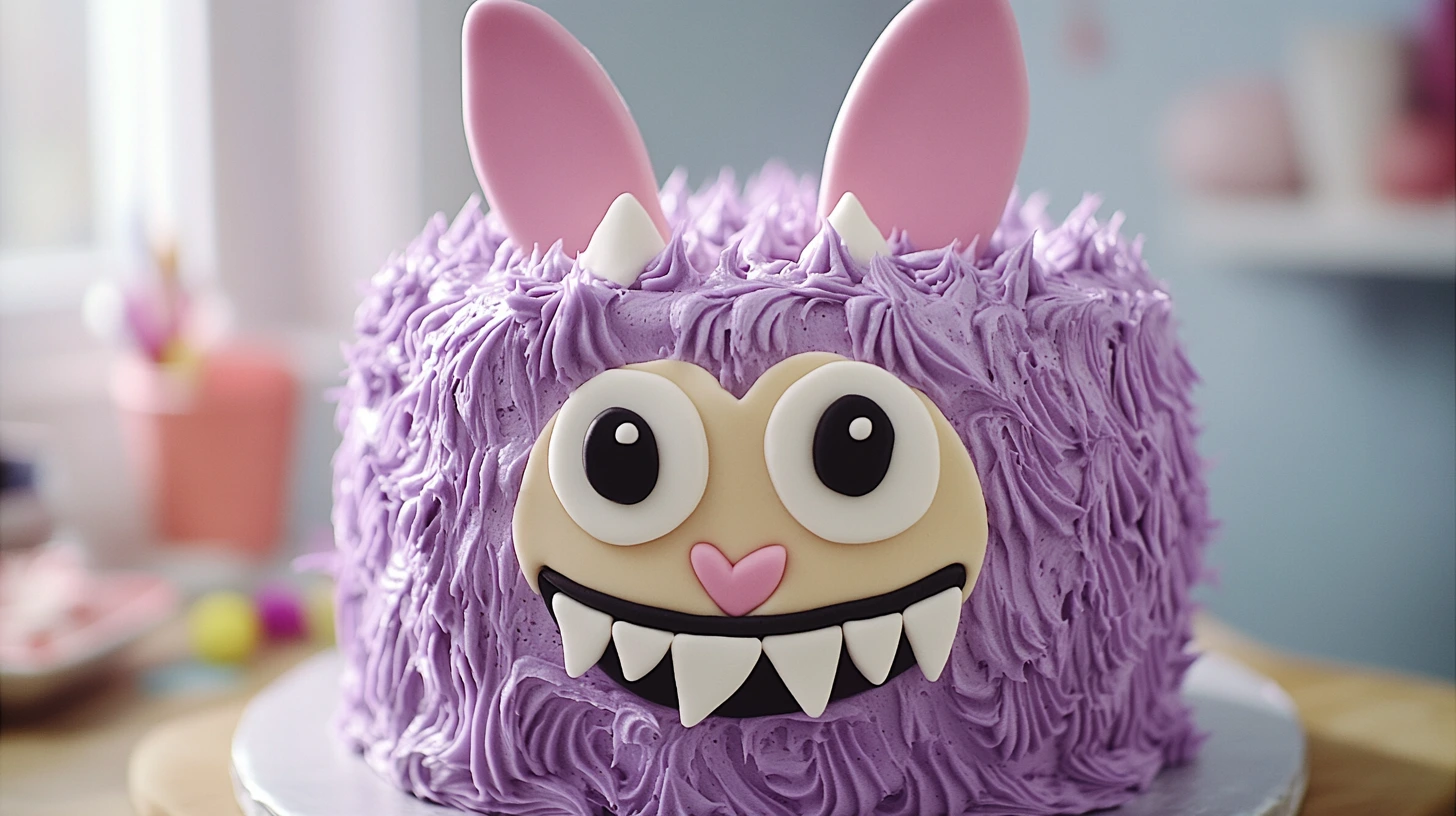 Purple Labubu cake with fluffy frosting, round beige face, and cute bunny ears.