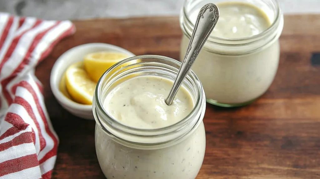 Glass jars filled with homemade creamy paleo Caesar salad dressing beside lemon slices.