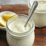 Glass jars filled with homemade creamy paleo Caesar salad dressing beside lemon slices.