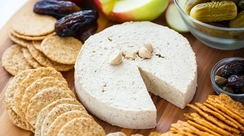 Paleo cheese wheel served on a wooden board with grain-free crackers, apple slices, dates, and pickles.