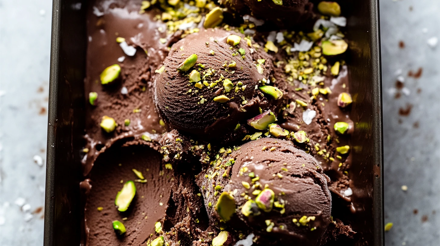 Close-up of rich Dubai chocolate ice cream with crushed pistachios and coconut flakes in a metal container.