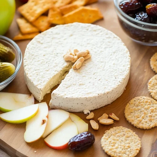 Paleo Cheese: Best Substitutes, Recipes & Dairy-Free Options for Every Craving 2 A round block of paleo cashew cheese with dill on a wooden board, surrounded by crackers, sliced apples, pickles, dates, and peanuts.