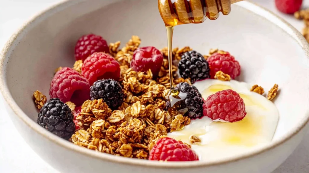 A bowl of paleo granola with raspberries, blackberries, and dairy-free yogurt being drizzled with honey.