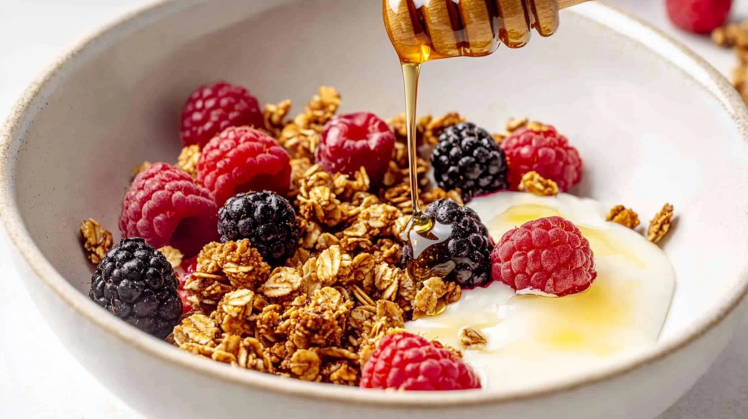 A bowl of paleo granola with raspberries, blackberries, and dairy-free yogurt being drizzled with honey.