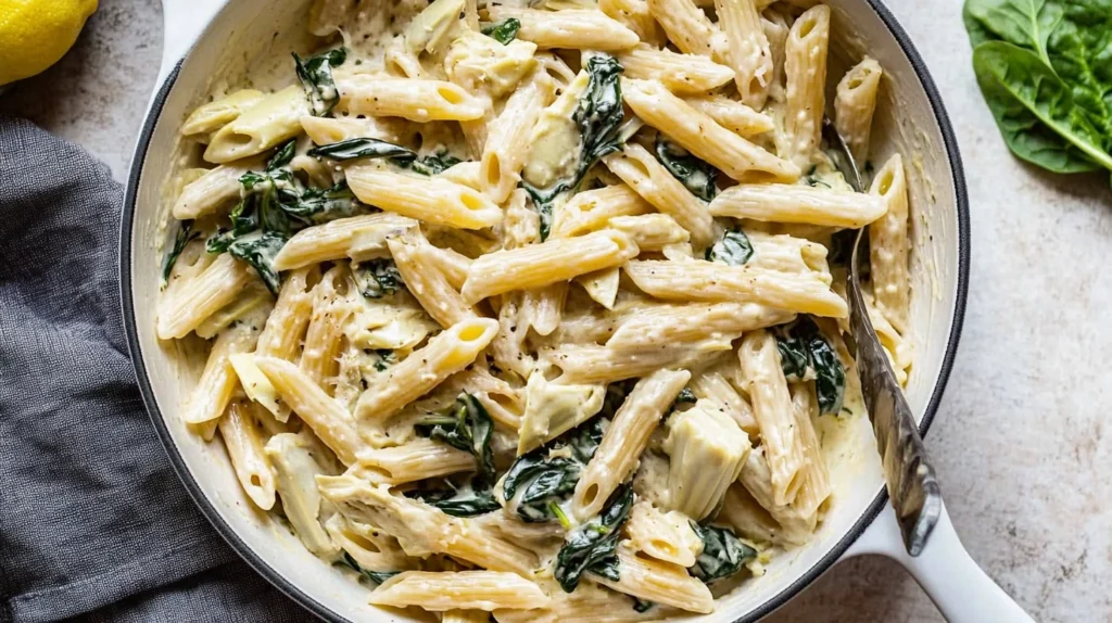 Paleo Pasta with spinach and artichoke in a white skillet.