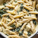 Paleo Pasta with spinach and artichoke in a white skillet.