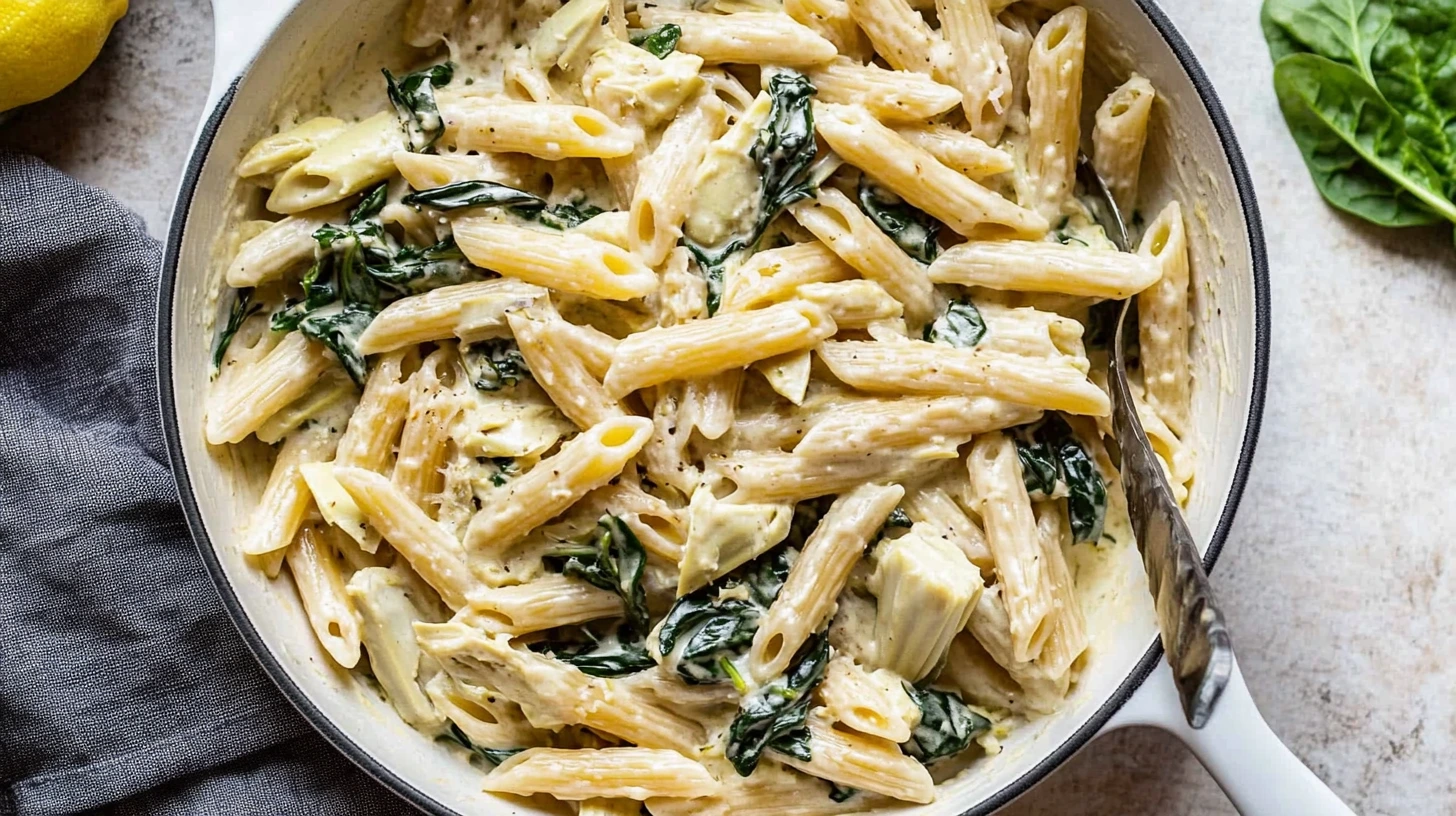 Paleo Pasta with spinach and artichoke in a white skillet.