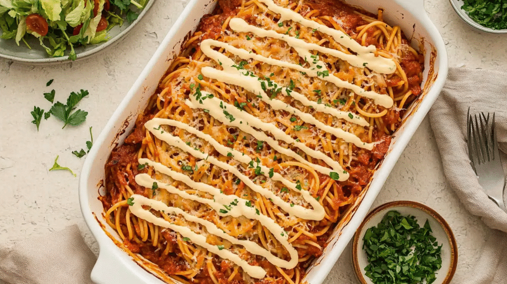 Overhead view of a baked spaghetti dairy free casserole topped with plant-based cheese and parsley in a white dish.