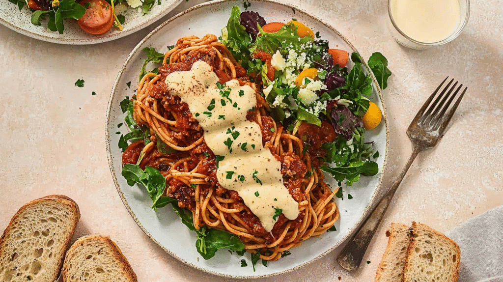 Spaghetti Dairy Free, Delicious Baked Pasta Without the Dairy 4 baked spaghetti dairy free topped with plant-based cheese, served with mixed green salad and rustic bread on a white plate.