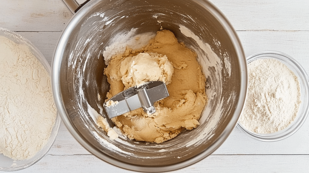 Peach Upside Down Cookies: A Juicy, Caramelized Summer Treat You’ll Crave 4 Cookie dough and flour in a stainless steel stand mixer bowl with paddle attachment, on a white wooden table.