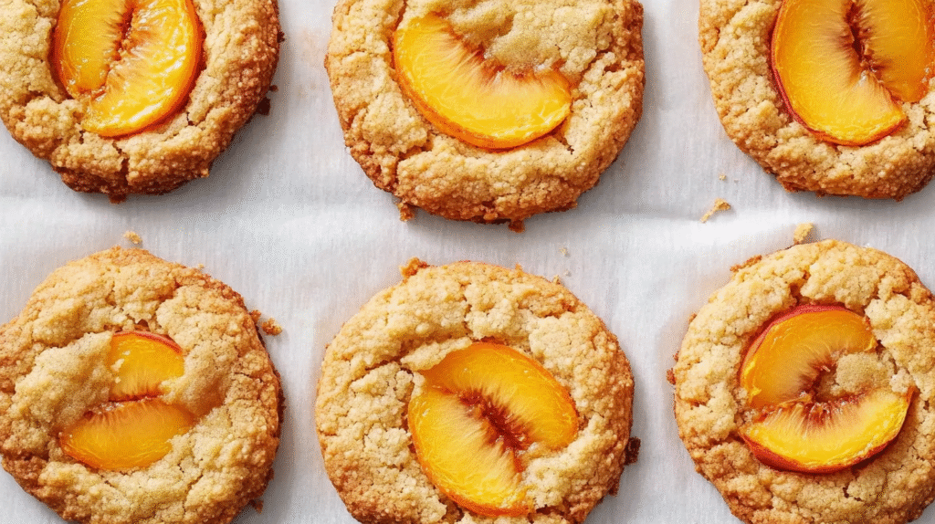 Six golden brown peach upside down cookies on parchment paper, some with caramelized peach slices in the center.