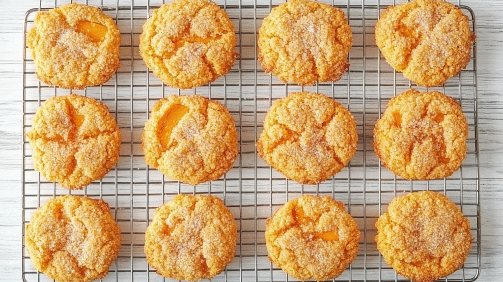 Peach Upside Down Cookies: A Juicy, Caramelized Summer Treat You’ll Crave 5 Twelve golden brown peach upside down cookies cooling on a wire rack.