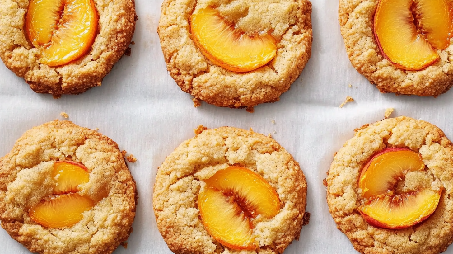 Six golden brown peach upside down cookies on parchment paper, some with caramelized peach slices in the center.