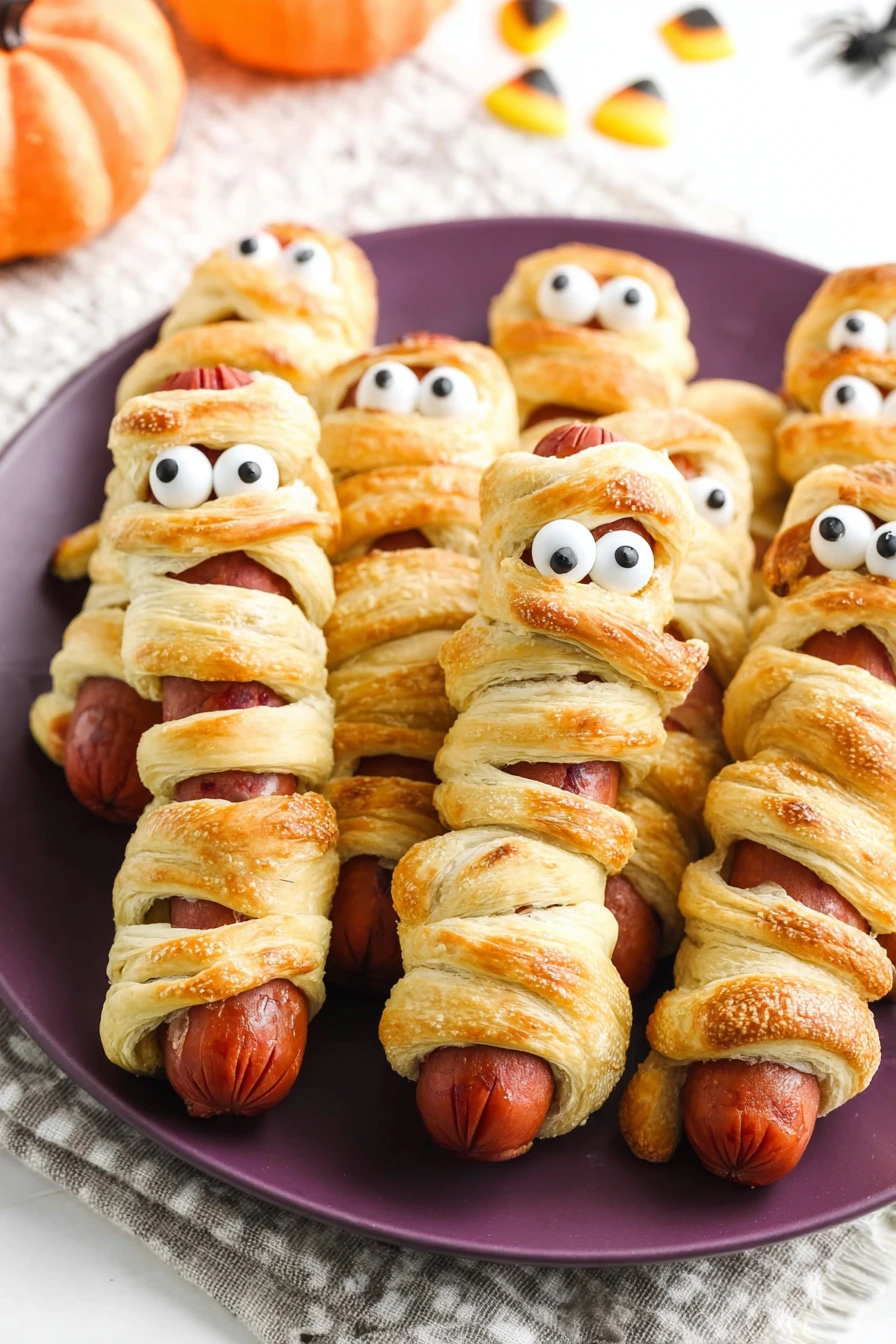 Halloween Sausage Idea – hot dogs wrapped in puff pastry like mummies with candy eyes on a purple plate.