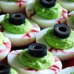 creepy eyeball deviled eggs with green filling, black olive pupils, and red food coloring veins