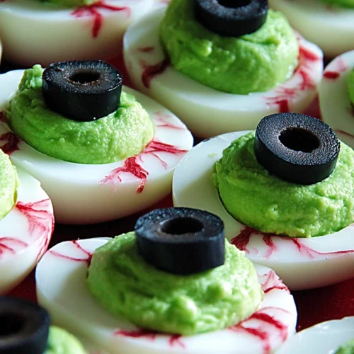creepy eyeball deviled eggs with green filling, black olive pupils, and red food coloring veins