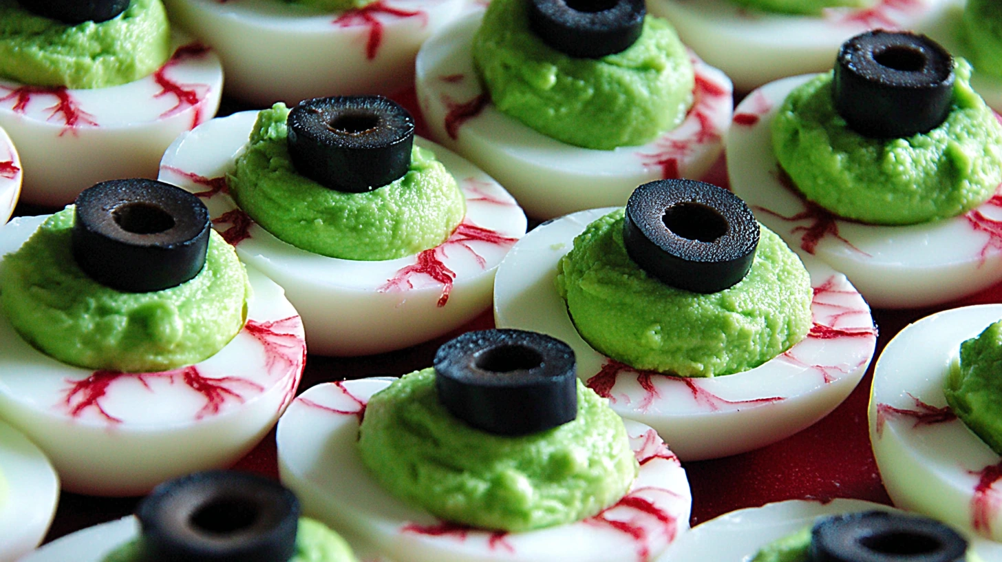 creepy eyeball deviled eggs with green filling, black olive pupils, and red food coloring veins